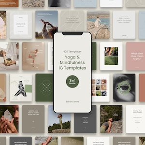 May include: A selection of Instagram templates for yoga and mindfulness, with a smartphone displaying the product title. The templates feature diverse images and text layouts in neutral tones, with the Canva logo visible.