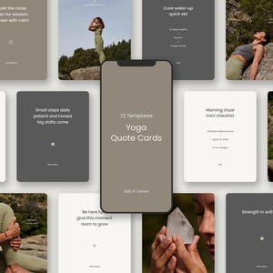 Pode incluir: Um conjunto de cartões de citações de yoga com um smartphone exibindo "72 Modelos Cartões de Citações de Yoga". Os cartões apresentam citações inspiradoras e imagens de pessoas praticando yoga. O logotipo da Canva é visível.