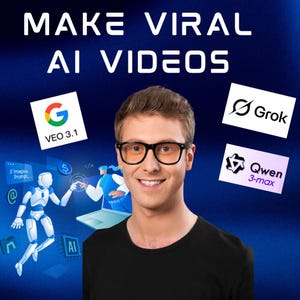 Peut inclure: Un homme souriant avec des lunettes devant un fond bleu avec le texte "MAKE VIRAL AI VIDEOS". L'image comprend les logos de Google VEO 3.1, Grok et Qwen 3-max, ainsi que des graphiques liés à l'IA.