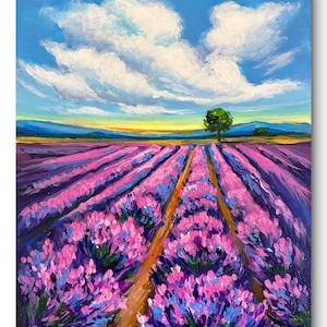 Lavender Field Under Summer Sky - Original Acrylic Painting on Canvas Board, 20*25 cm, With or Without Frame