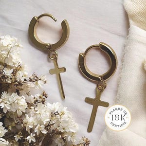 Gold cross earrings small 18K gold plated hoop earrings Symbolic jewelry for women, minimal chic, trendy vintage boho wedding gift