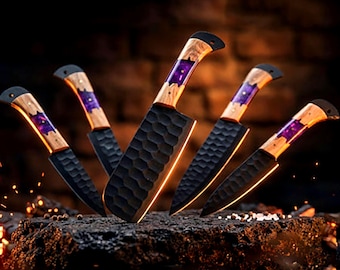 Juego de cuchillos de cocina de acero al carbono hechos a mano, 5 piezas, cuchillo de chef profesional con mango de madera, el mejor regalo de boda y aniversario, regalo para hombres.
