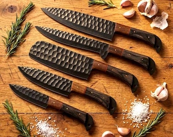 Juego de cuchillos de cocina de acero de Damasco hechos a mano, 5 piezas, cuchillo de chef profesional con mango de madera, la mejor idea de regalo para bodas y aniversarios.