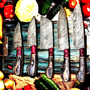Handmade Damascus Steel Kitchen Knife Set, 5 Piece Professional Chef Knife With Roosewood Handle, Best Wedding, Anniversary Gift idea