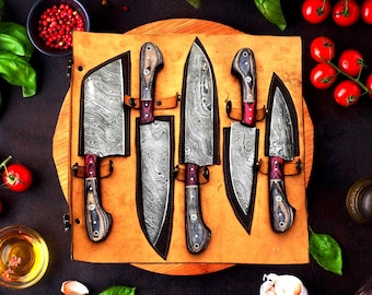 Juego de cuchillos de cocina de acero de Damasco hechos a mano, 5 piezas, cuchillo de chef profesional con mango de madera de palisandro, regalo para hombres, regalo de cumpleaños
