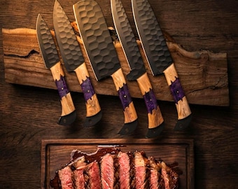 Juego de cuchillos de cocina de acero al carbono hechos a mano, 5 piezas, cuchillo de chef profesional con mango de madera, el mejor regalo de boda y aniversario, regalo para hombres.