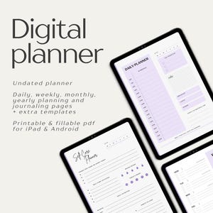 Op de afbeelding: Digitale planner met een lichtpaars en wit ontwerp. De afbeelding toont drie tablets met dagelijkse, wekelijkse en zelfzorg planner pagina's. De tekst bevat "Ongedateerde planner" en "Afdrukbare en invulbare pdf voor iPad & Android."