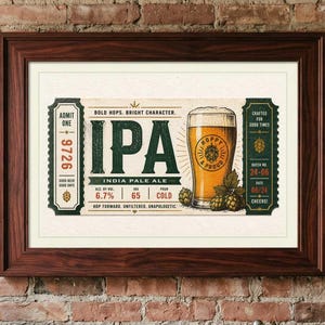May include: A framed print advertising IPA beer, with the text "IPA INDIA PALE ALE". The artwork includes details on alcohol content and bitterness. The print is displayed against a brick wall, with bar accessories in the foreground.