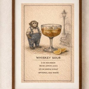 Whiskey Sour Cocktail Art Print | Anthropomorphic Monkey Home Bar Decor (Digital Download)