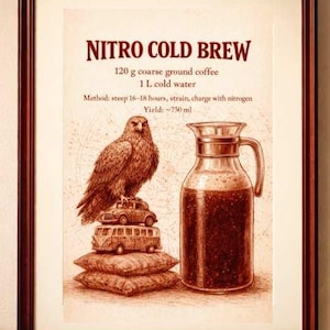 May include: A framed print with the text "NITRO COLD BREW" and a sepia-toned illustration of an eagle, a glass carafe, and stacked pillows. The print includes coffee brewing instructions. The image is displayed in a cafe setting.