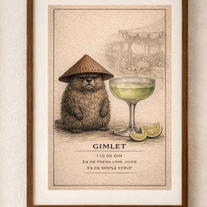 Póster de cóctel Gimlet / Decoración de bar para el hogar / Impresión artística vintage de Grumpy Beaver