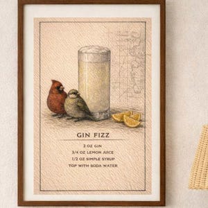 affiche de cocktail au gin fizz | Décoration de bar vintage | Impression d'art numérique vintage Cardinal Sparrow