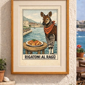 May include: Framed art print featuring an okapi wearing a red scarf, standing near a table with rigatoni al ragu. The background shows a coastal town and sea. The text "RIGATONI AL RAGÙ" is at the bottom.