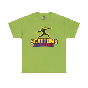 May include: Lime green t-shirt with a graphic of a silhouetted athlete throwing a javelin. The text "SCATTOMS ATHLETICS" is displayed in yellow and blue. The shirt is made of a soft material and has a crew neck.