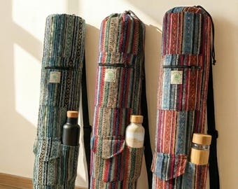 Bolsa para esterilla de yoga del Himalaya de cáñamo orgánico con correa ajustable y bolsillos, estilo bohemio.