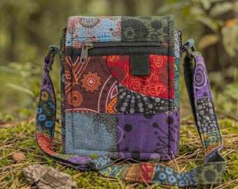 Handmade Patchwork Crossbody Bag, Himalayan Unisex Passport Purse, Boho Hippie Stitched Fabric Sling