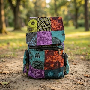May include: A colorful patchwork backpack with a variety of patterns and colors, including green, purple, orange, and teal. The backpack has a zippered main compartment and side pockets, perfect for carrying essentials. The bag is made of a durable fabric.