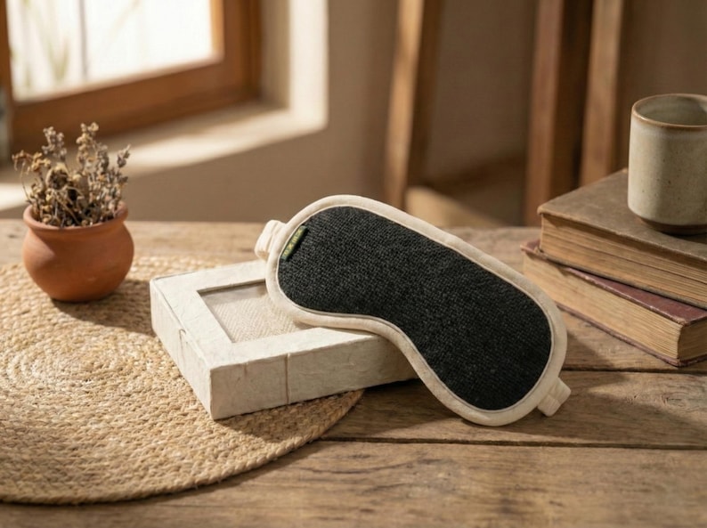 May include: A black sleep mask with a cream-colored border rests on a wooden surface next to a small, rectangular box. A small terracotta pot with dried plants and a stack of books are also visible. The mask is designed to block out light.