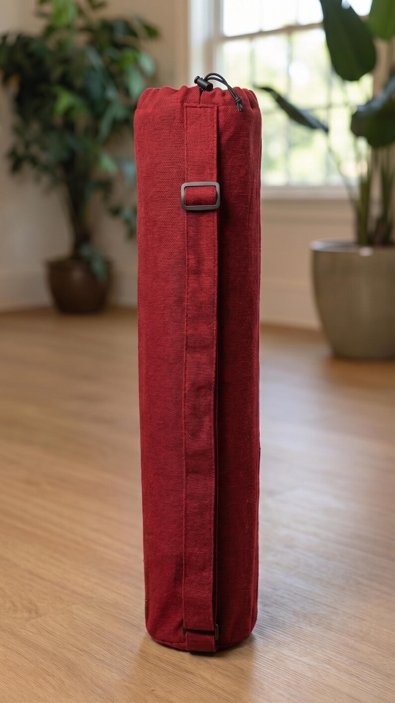 May include: A cylindrical dark red fabric carrying bag with a textured weave. The bag features a long, adjustable vertical strap with a dark plastic buckle and a drawstring closure at the top with a black cord lock for securing the contents inside.