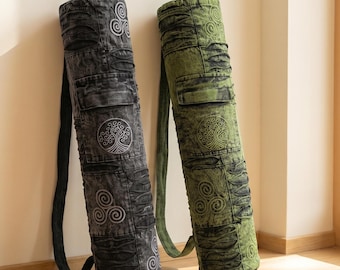Himalayan Yoga Mat Bag, Tree of Life Embroidery, Boho Style, Adjustable Strap, Zippered Pocket