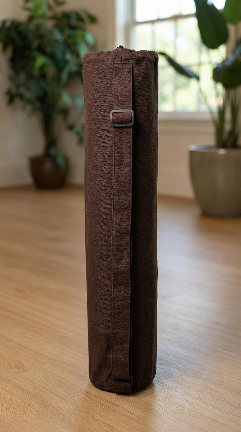 May include: A cylindrical dark brown yoga mat bag made of a textured fabric. The bag features a long, vertical strap running down the center with a black plastic adjustable buckle for carrying. The top of the bag is closed with a circular fabric lid.