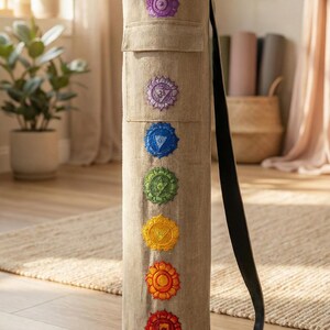 Himalayan Yoga Mat Bag with Chakra Embroidery, Adjustable Strap & Pockets, Handmade Mindful Boho Style image 16