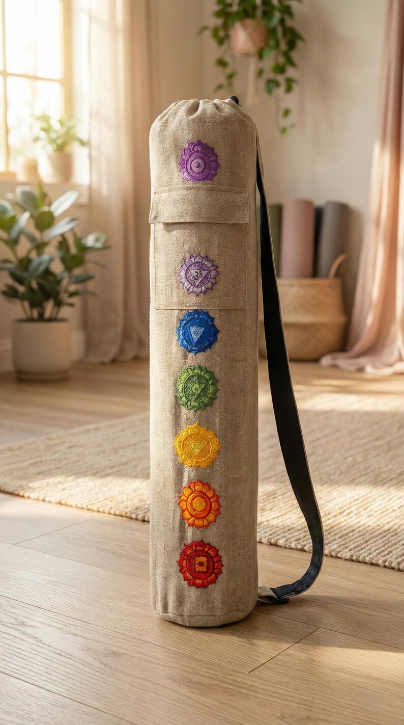 Himalayan Yoga Mat Bag with Chakra Embroidery, Adjustable Strap & Pockets, Handmade Mindful Boho Style image 16