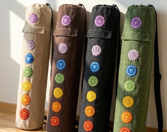 Himalayan Yoga Mat Bag with Chakra Embroidery, Adjustable Strap & Pockets, Handmade Mindful Boho Style