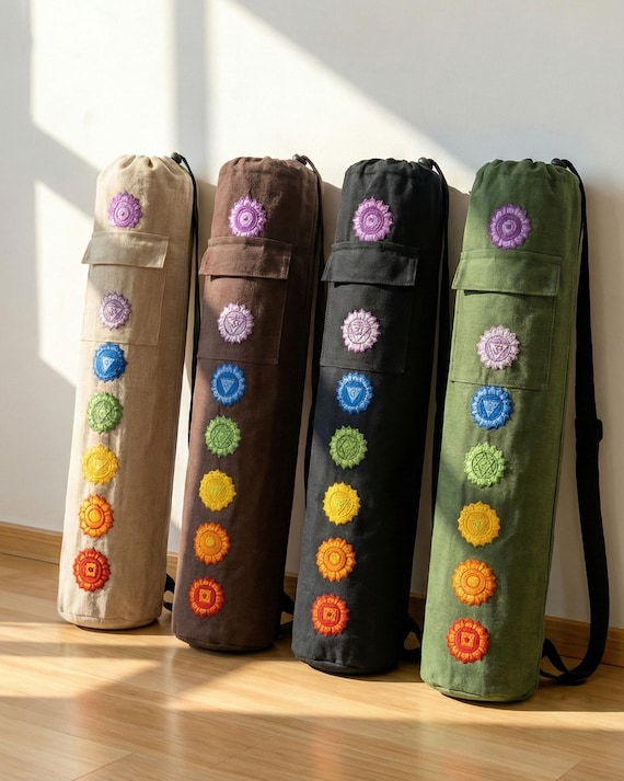 Himalayan Yoga Mat Bag with Chakra Embroidery, Adjustable Strap & Pockets, Handmade Mindful Boho Style