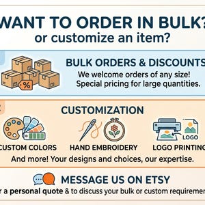 May include: An illustrated graphic with the text "WANT TO ORDER IN BULK? or customise an item?" It details bulk order discounts and customisation options, including custom colours, hand embroidery, and logo printing. The graphic encourages customers to message on Etsy.