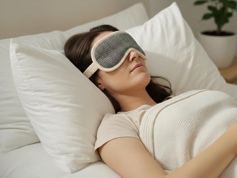 May include: A person wearing a grey and cream sleep mask with a herringbone pattern, resting on a white pillow. The mask is designed to block out light for better sleep. The person is covered with a white blanket.