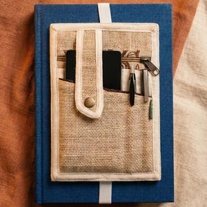 May include: A blue book with a burlap pocket attached, featuring a button closure and a zipper. The pocket contains a phone, pen, and other small items. A white ribbon secures the book. The overall aesthetic is rustic and functional.