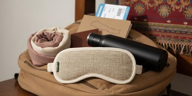 May include: A tan backpack filled with travel essentials. Items include a rolled blanket, a sleep mask, a black water bottle, a passport, and a boarding pass. The sleep mask is beige with a woven texture.
