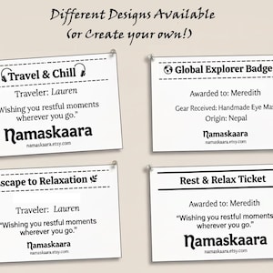 May include: Four white cards with black text are displayed, each pinned to a light beige background. The cards feature different designs, including "Travel & Chill," "Global Explorer Badge," "Escape to Relaxation," and "Rest & Relax Ticket." Each card includes text from namaskaara.etsy.com.