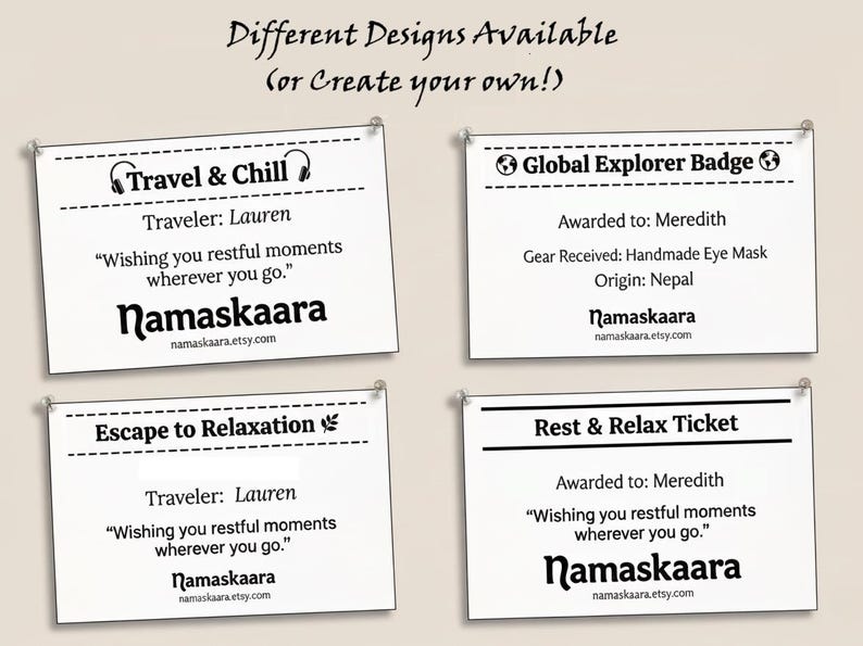 May include: Four white cards with black text are displayed, each pinned to a light beige background. The cards feature different designs, including "Travel & Chill," "Global Explorer Badge," "Escape to Relaxation," and "Rest & Relax Ticket." Each card includes text from namaskaara.etsy.com.