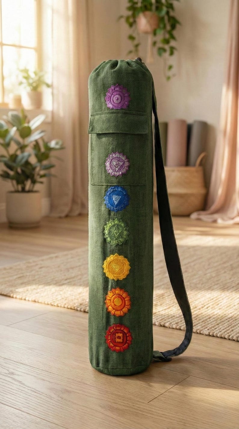 May include: A cylindrical dark green yoga mat bag featuring a vertical row of seven embroidered chakra symbols in purple, blue, green, yellow, orange, and red. The bag includes a long black shoulder strap and a top drawstring closure mechanism.