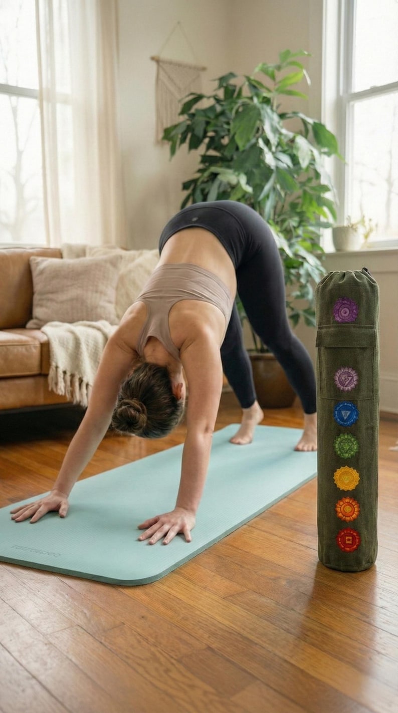 May include: A cylindrical olive green yoga mat bag featuring a vertical row of seven embroidered chakra symbols in purple, indigo, blue, green, yellow, orange, and red. The bag has a drawstring closure at the top and a small rectangular pocket.