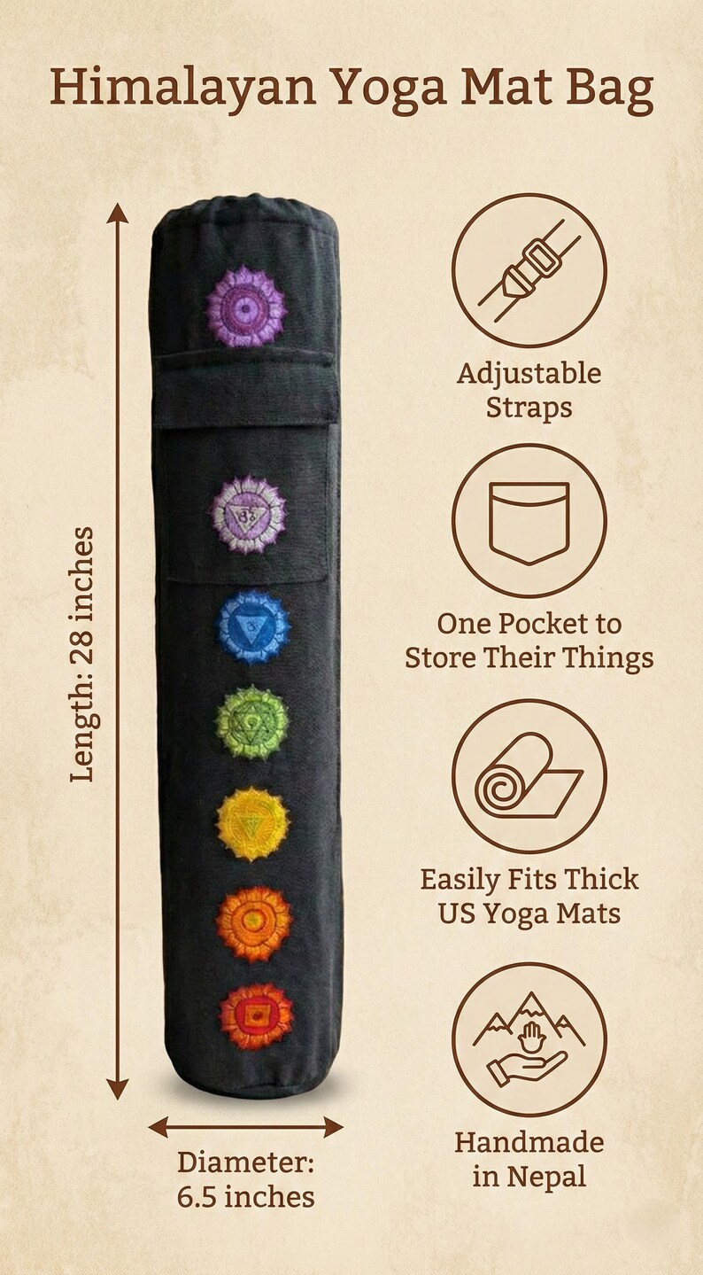 May include: A black cylindrical yoga mat bag with seven embroidered chakra symbols in a vertical row. The bag measures 28 inches in length and 6.5 inches in diameter. Features include adjustable straps, an external pocket, and handmade construction.