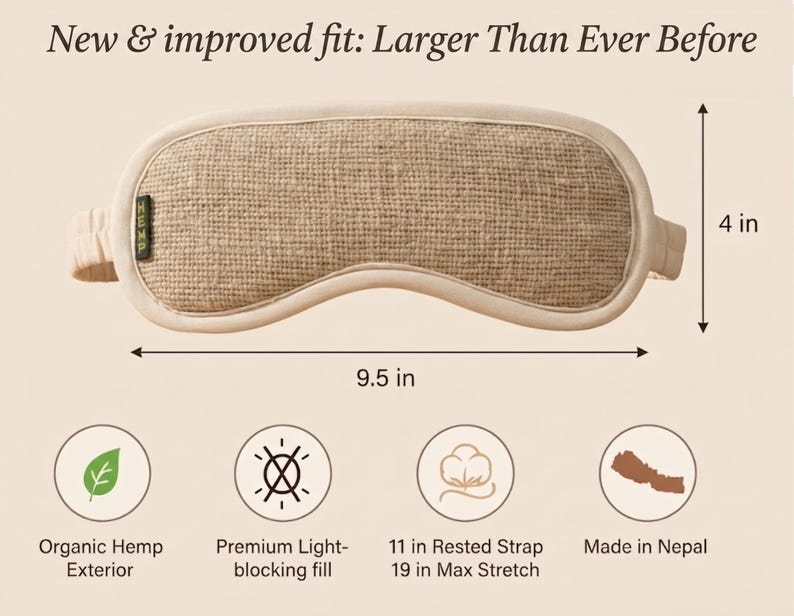 Organic Hemp Large Sleep Mask | Natural Fiber Beige Eye Patch | Ethically Made, Handmade in Nepal image 5