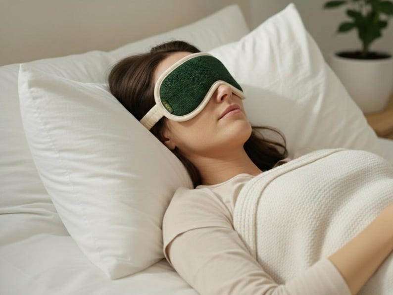 May include: A person wearing a green and cream-colored sleep mask, resting on a white pillow. The mask has a textured green surface and a cream-colored band. The person is covered with a white blanket.