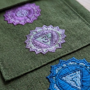May include: An olive green fabric garment featuring three embroidered circular chakra symbols. Two top symbols are purple with light blue centers, one containing the number three. The bottom symbol is bright blue with a light blue center.