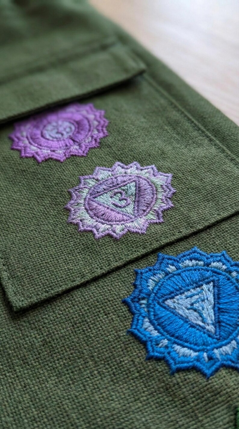 May include: An olive green fabric garment featuring three embroidered circular chakra symbols. Two top symbols are purple with light blue centers, one containing the number three. The bottom symbol is bright blue with a light blue center.