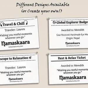 May include: Four white rectangular cards with black text are pinned to a beige background. The cards feature different designs, including "Travel & Chill," "Global Explorer Badge," "Escape to Relaxation," and "Rest & Relax Ticket."
