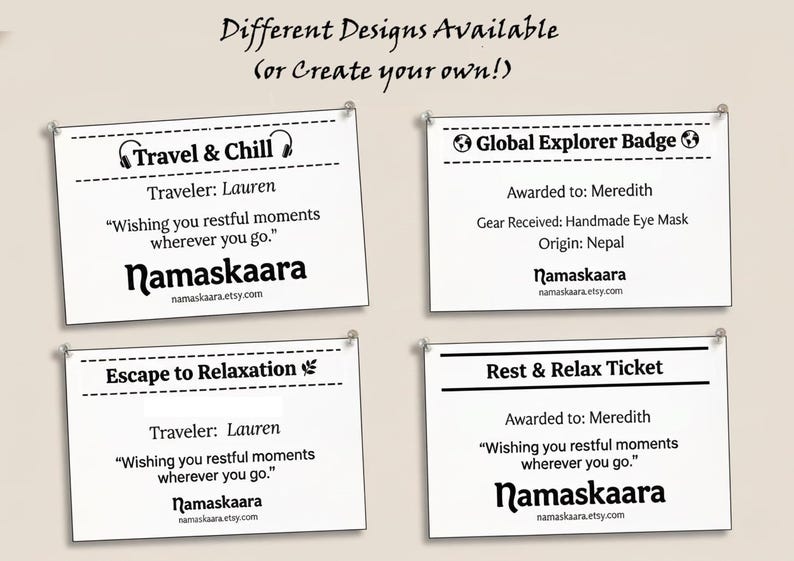 May include: Four white rectangular cards with black text are pinned to a beige background. The cards feature different designs, including "Travel & Chill," "Global Explorer Badge," "Escape to Relaxation," and "Rest & Relax Ticket."