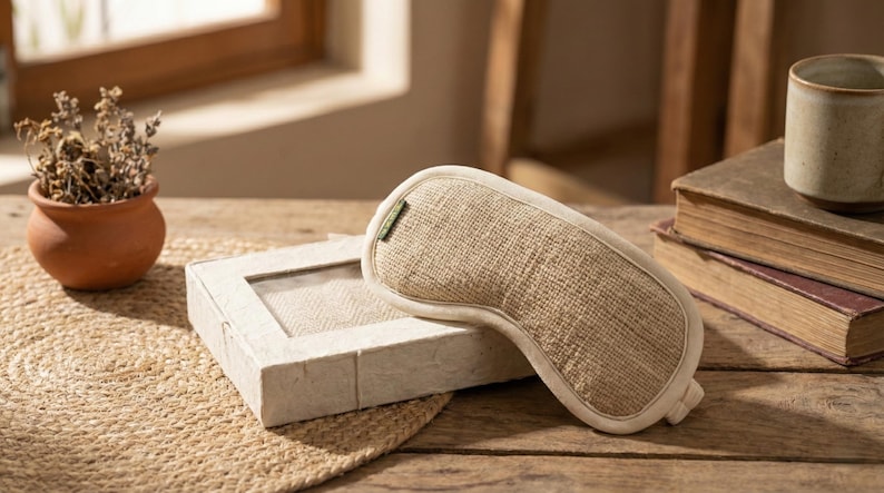 May include: A beige sleep mask with a natural woven texture rests on a wooden surface next to a matching box. The mask has a curved shape and a white border. A small terracotta pot with dried plants is also visible.