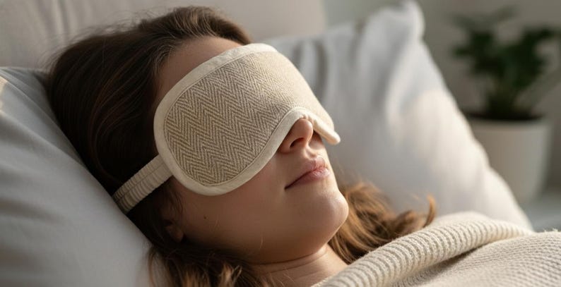 May include: A person wearing a beige sleep mask with a chevron pattern, resting on a white pillow. The mask has a soft, textured appearance and is secured with a matching strap. The scene suggests relaxation and sleep.
