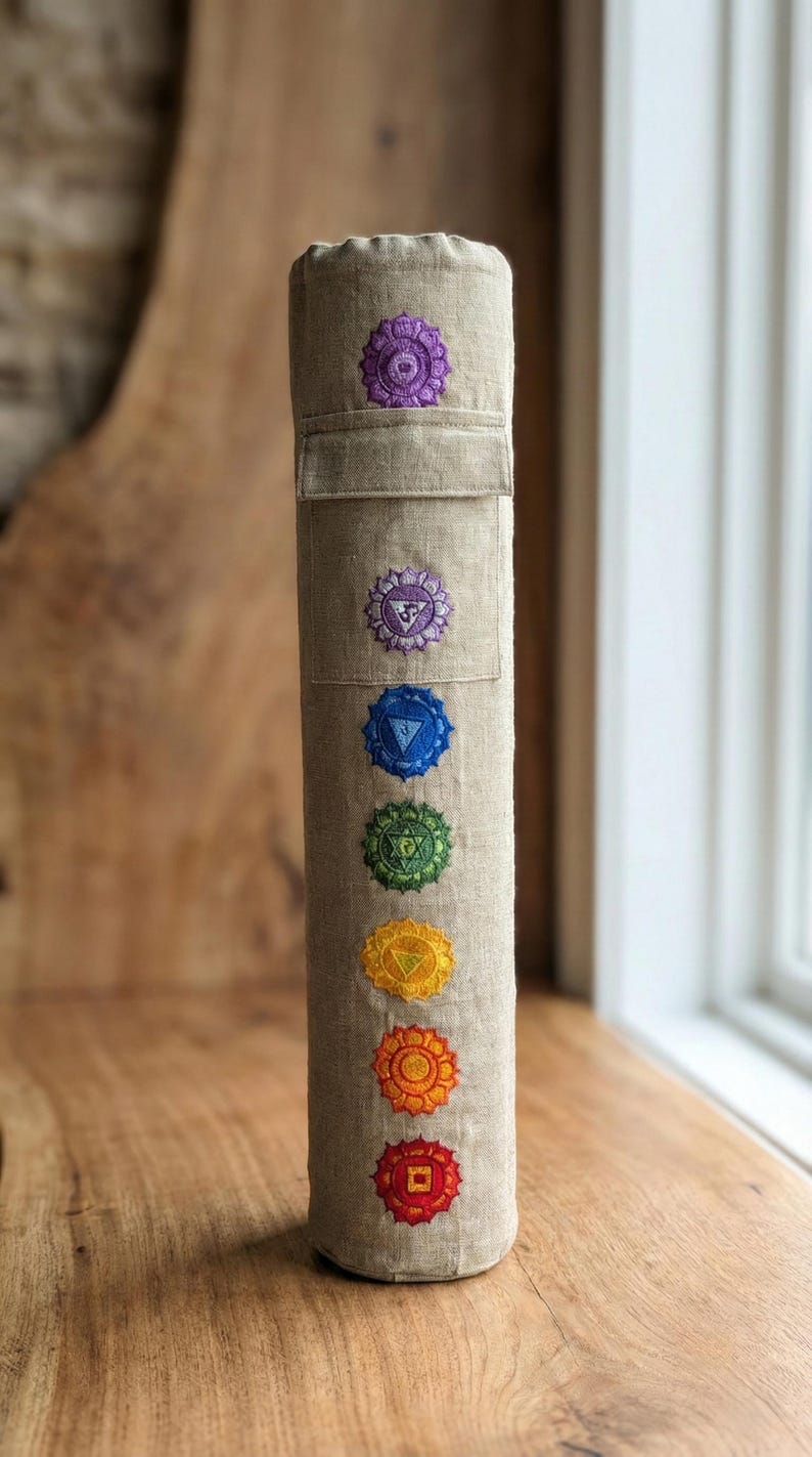 May include: A cylindrical beige linen yoga mat bag featuring a vertical row of seven embroidered chakra symbols in purple, indigo, blue, green, yellow, orange, and red. The bag has a top flap closure and a structured, upright tubular shape.