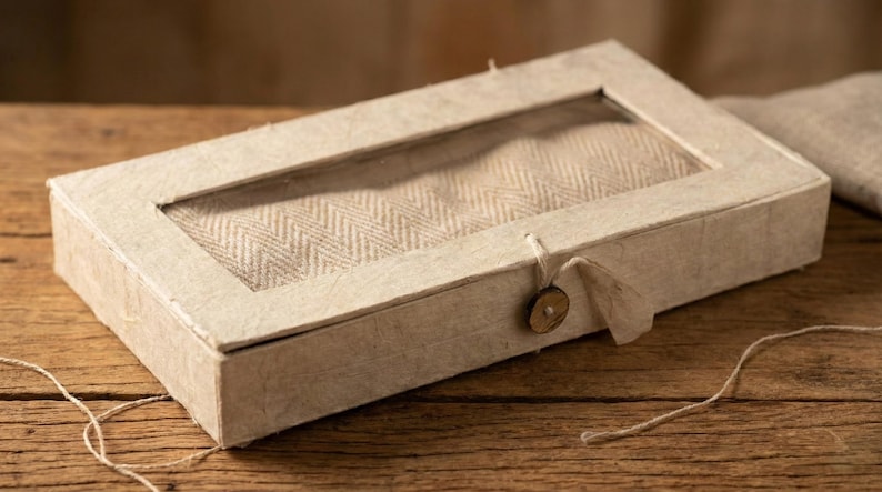 May include: A rectangular box in a light neutral tone, featuring a clear window that reveals a herringbone fabric. The box is fastened with a string and a small, circular wooden button, giving it a rustic appearance.