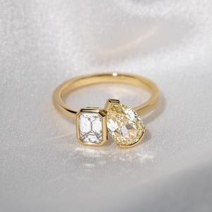 Toi Et Moi Moissanite Ring, Two Stone Proposal Ring, Sterling Silver Engagement Ring, Yellow Gold Statement Ring, Wedding Ring, Promise Ring