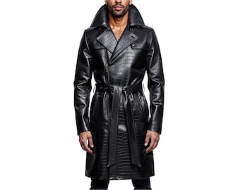 Handmade Black Crocodile Texture Leather Trench Coat | Gothic Overcoat